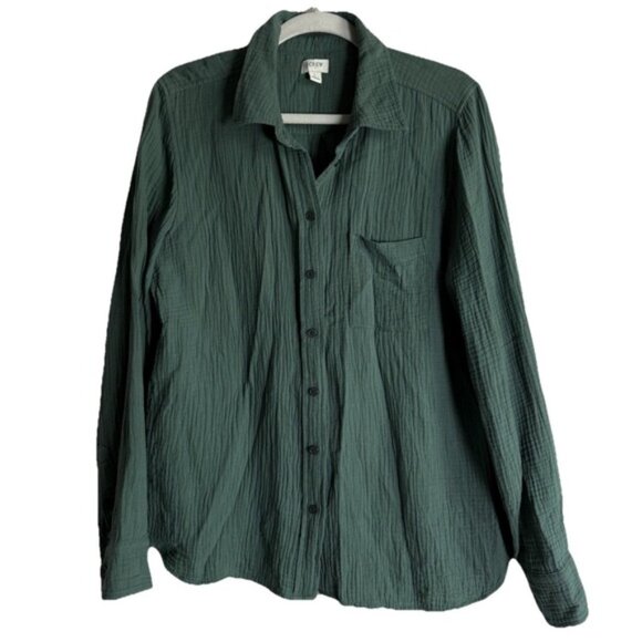 J.Crew Doubled Gauze Button Up Shirt Women's Large Green 100% Cotton Lightweight - Picture 1 of 11